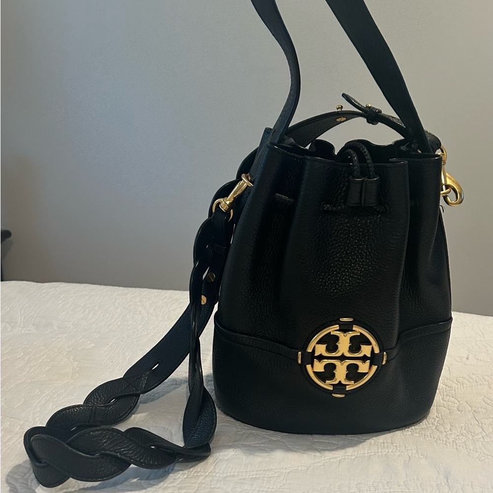 Tory Burch Black Leather Miller Bucket Bag with Gold Accents